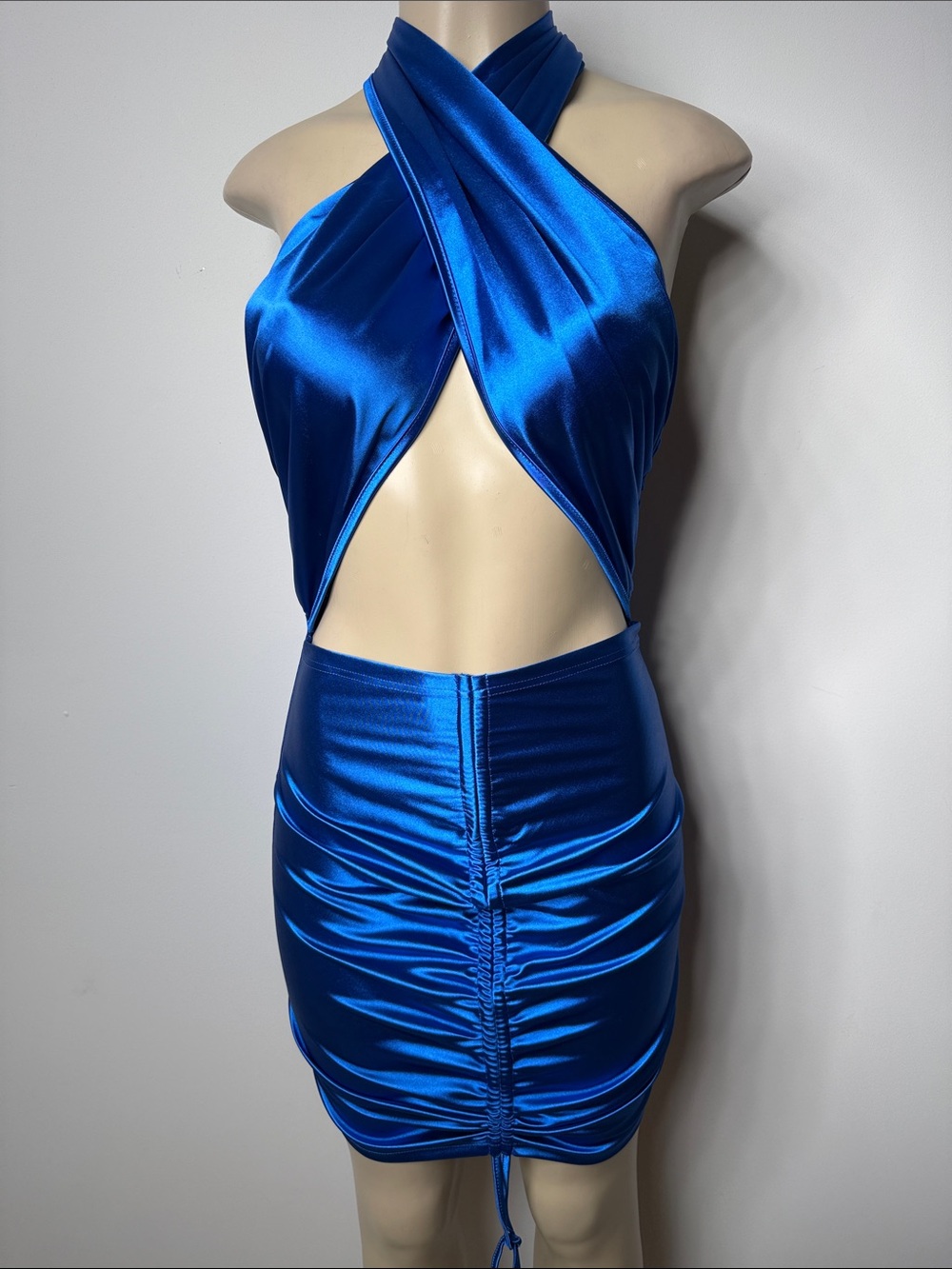 SHEIN Electric Blue Satin Cross-Halter Cutout Mini Dress